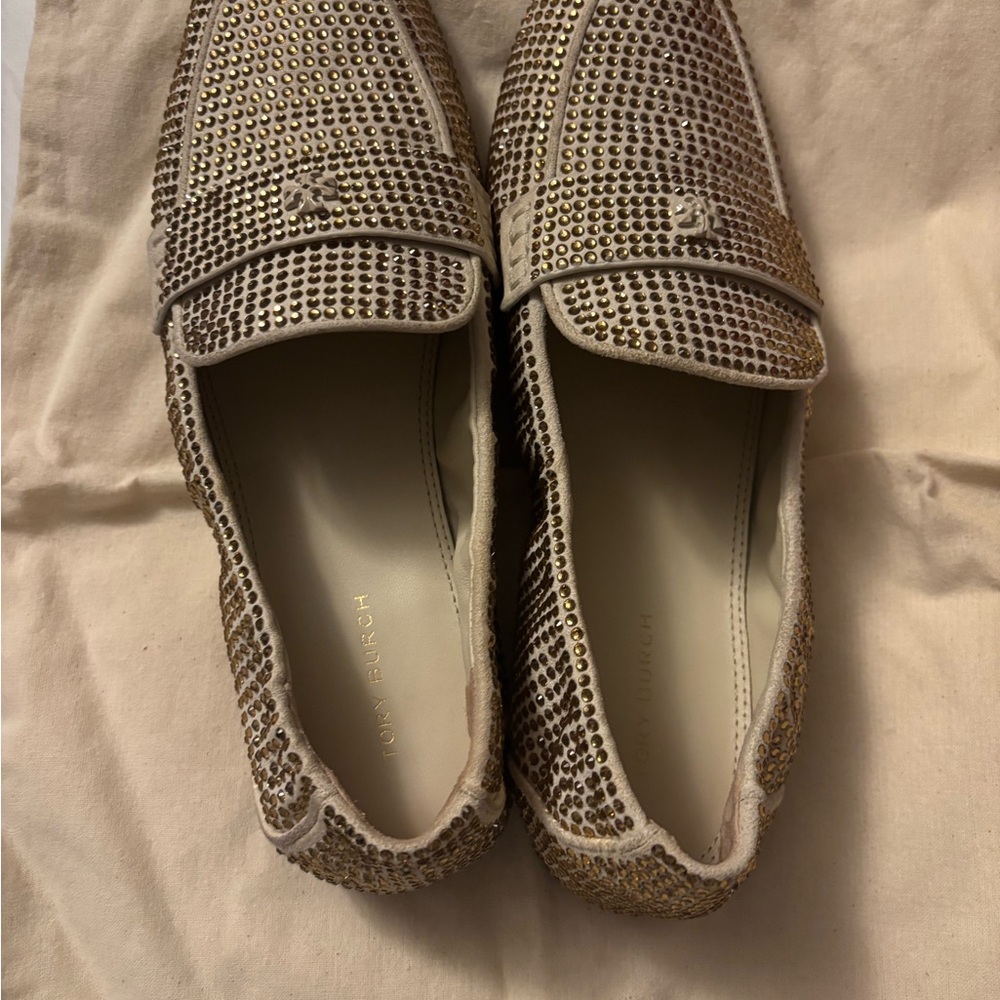 Tory Burch leather crystal Loafers in new cream size 7.5 - Picture 5 of 14